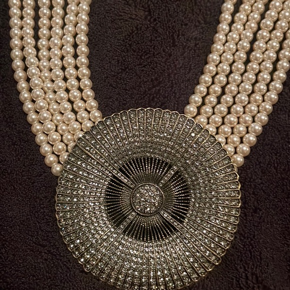 HEIDI DAUS 6 STRAND PEARL & CLEAR CRYSTAL BELGIUM DISK DECO NECKLACE/CHOKER - Picture 4 of 8
